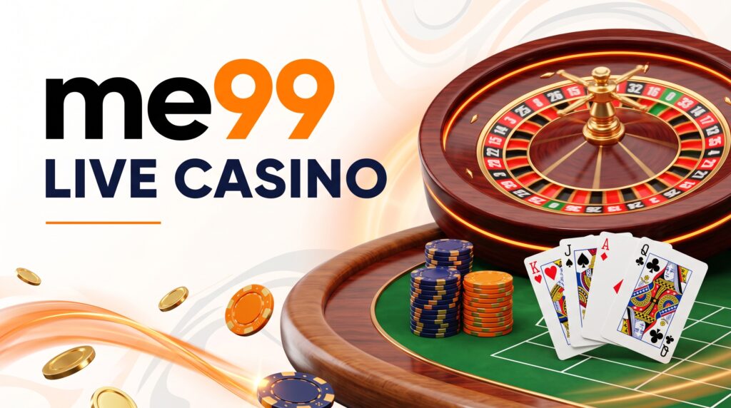 me99 casino live dealer roulette wheel, playing cards and chips with the me99 logo